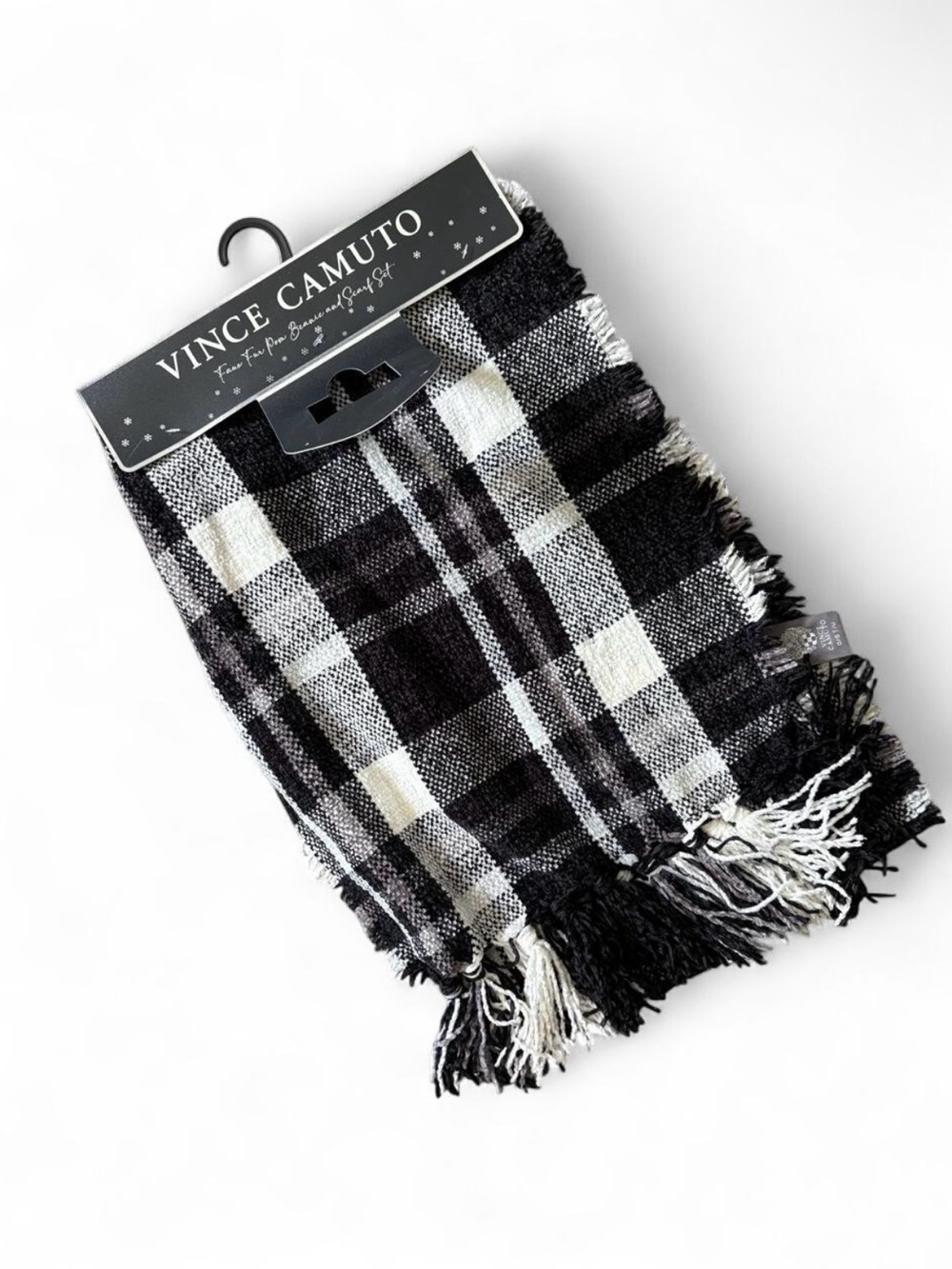 Vince Camuto Black & White Plaid Fringe Wrap Scarf